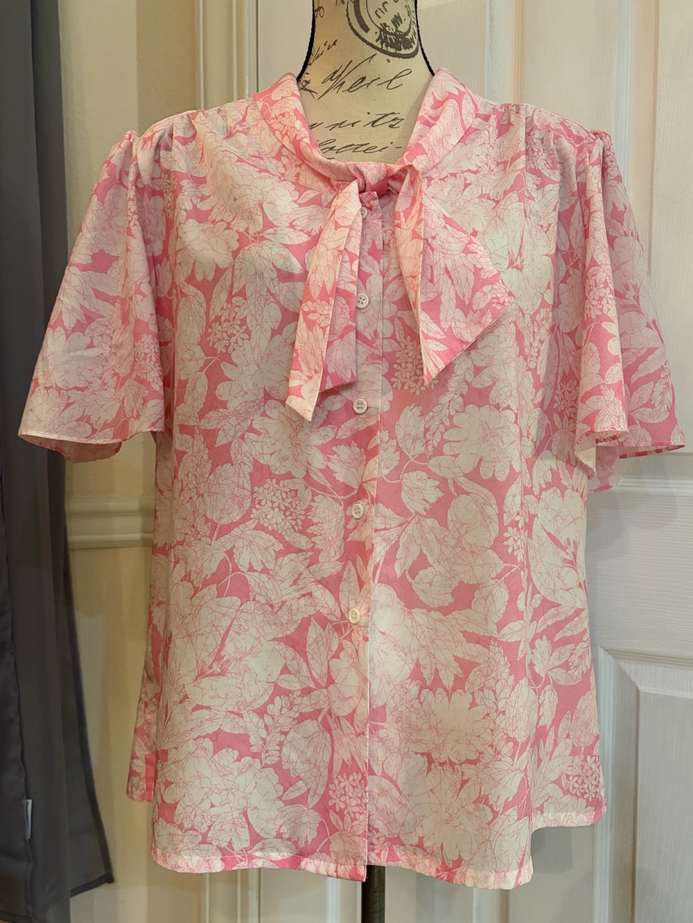 Vintage Nikki 1990’s Floral Pink and White Sheer Secretary Blouse-Short Sleeve